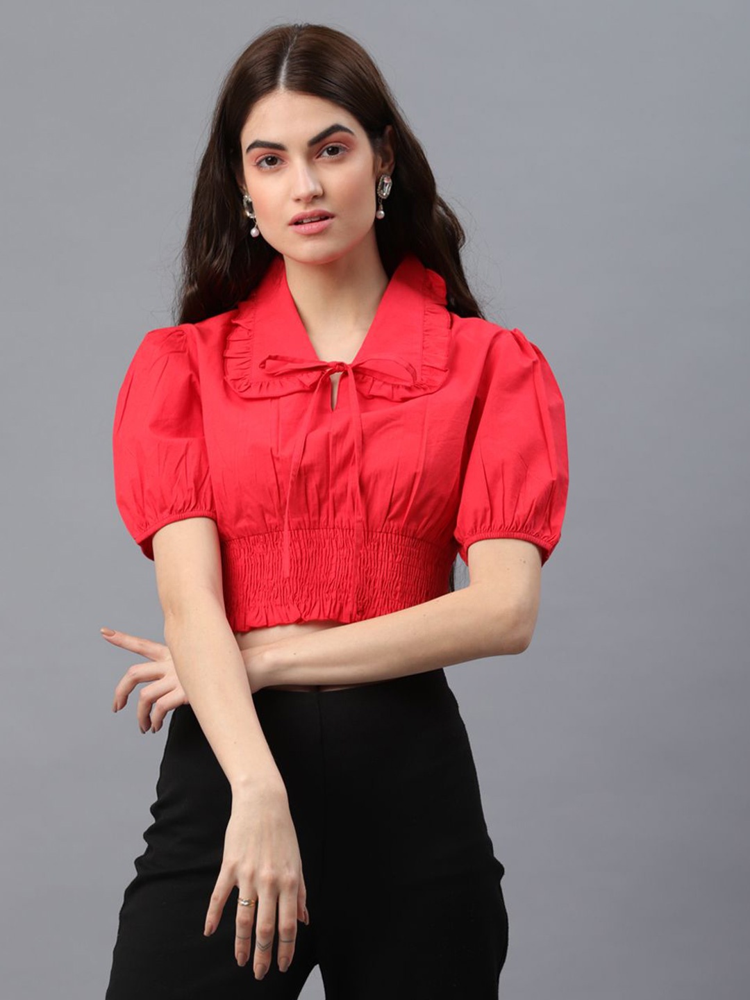 

all about you Puff Sleeve Cotton Blouson Crop Top, Red