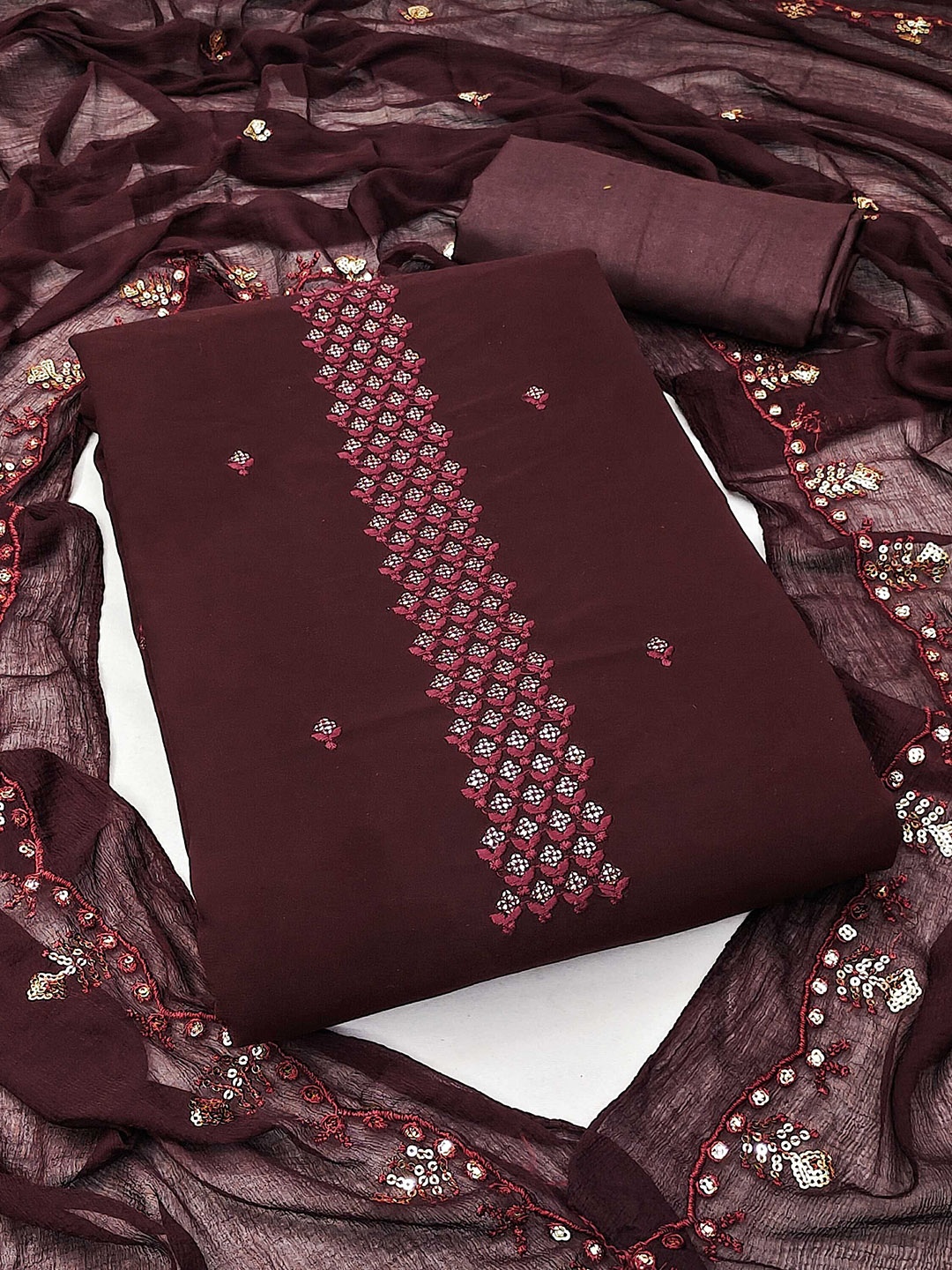 

KALINI Embroidered Unstitched Dress Material, Maroon