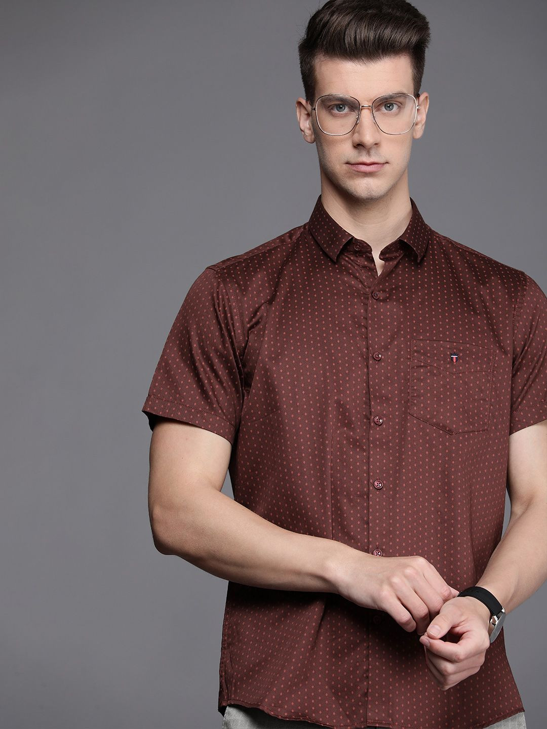 

Louis Philippe Sport Slim Fit Geometric Printed Pure Cotton Casual Shirt, Maroon