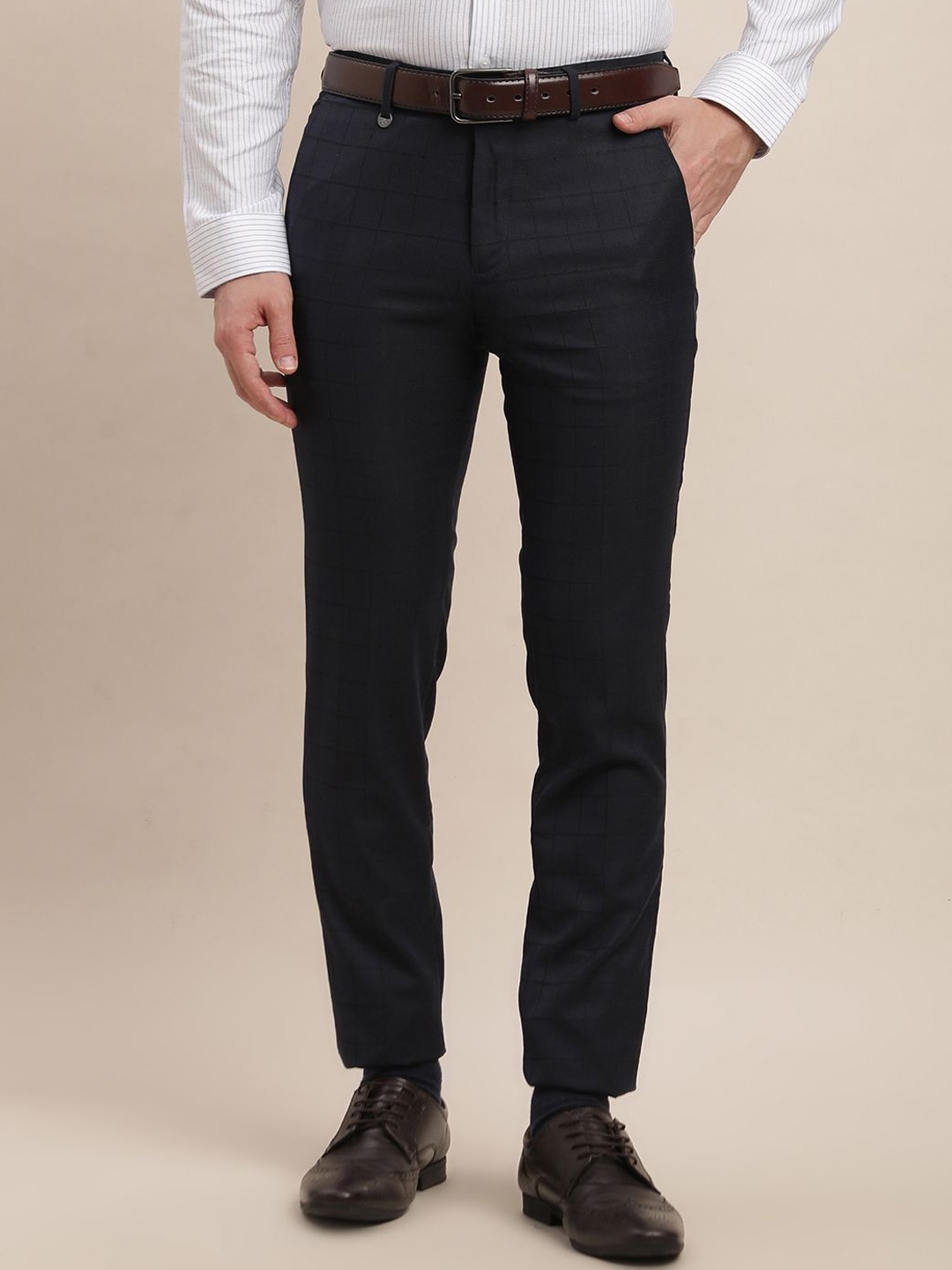

Turtle Men Checked Tailored Fit Formal Trousers, Navy blue