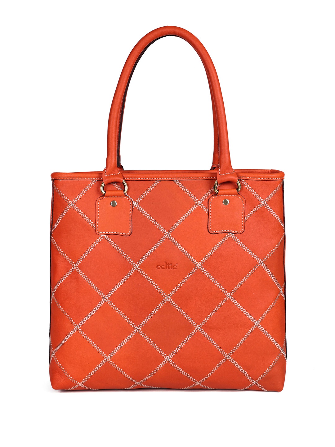 

Celtic Checked Leather Shopper Tote Bag with, Orange