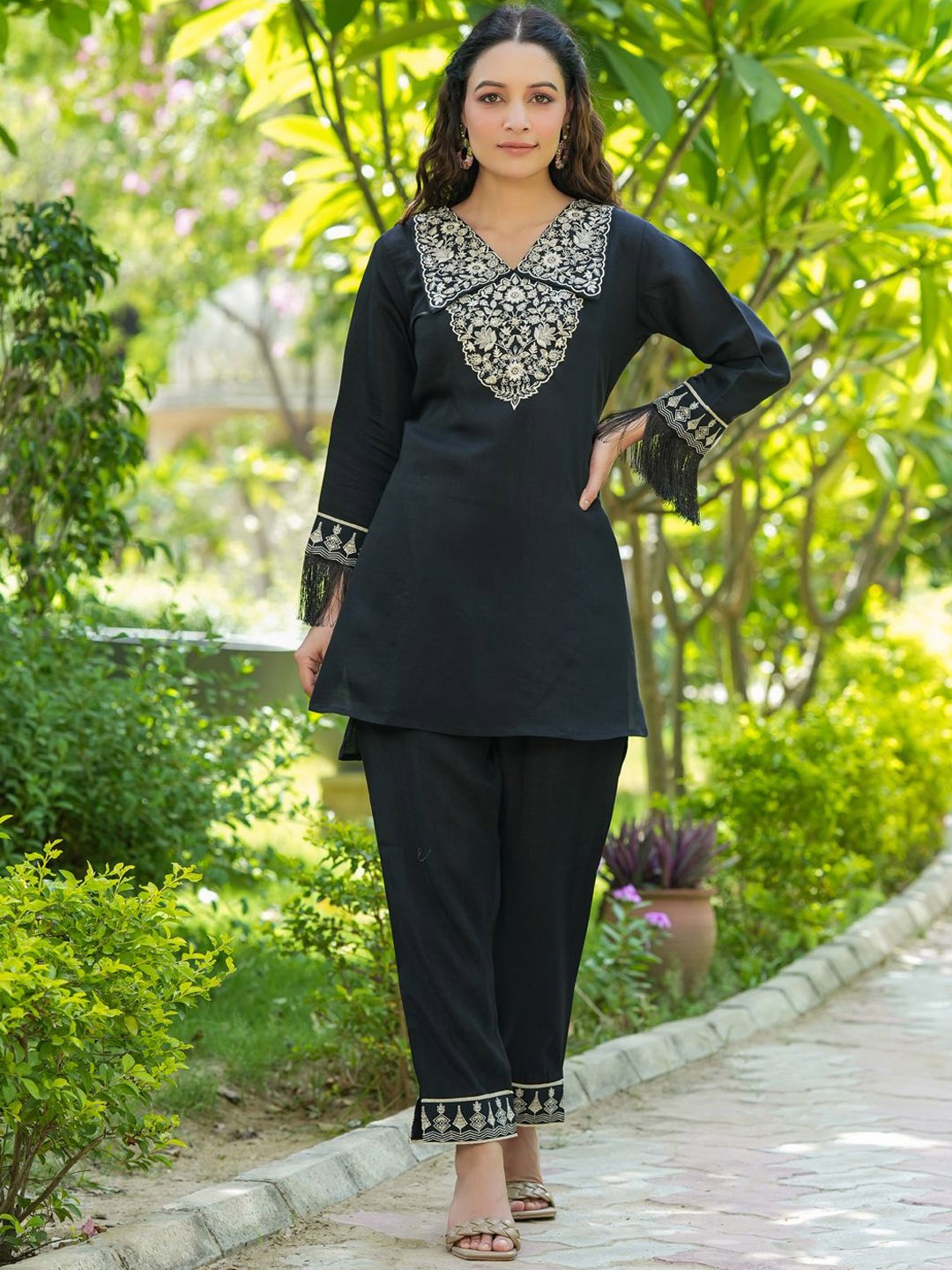 

BAESD Embroidered Shirt Collar Tunic With Trousers Co-Ords Set, Black