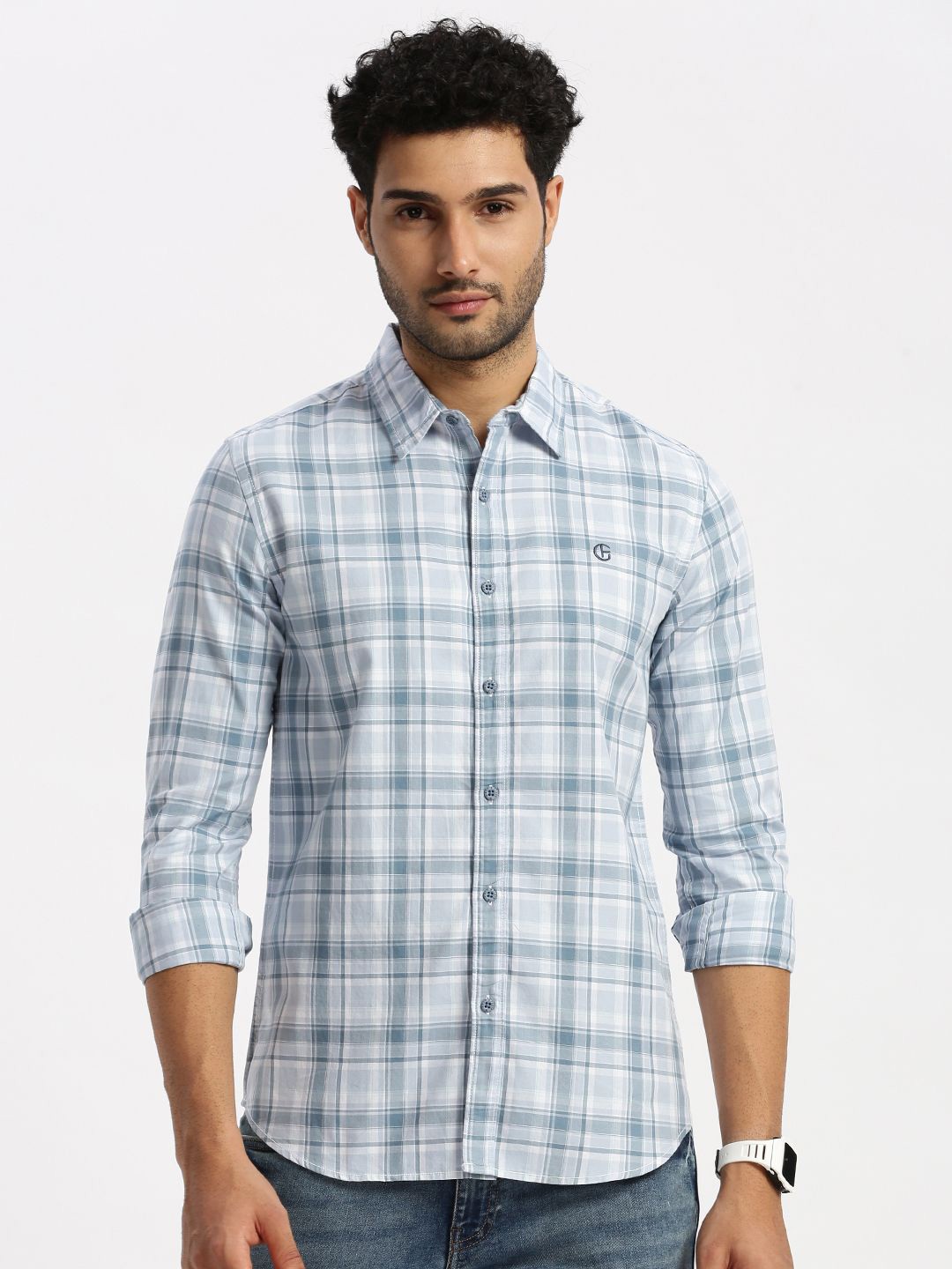 

Grit and Flair Men Slim Fit Tartan Checks Opaque Checked Casual Shirt, Blue