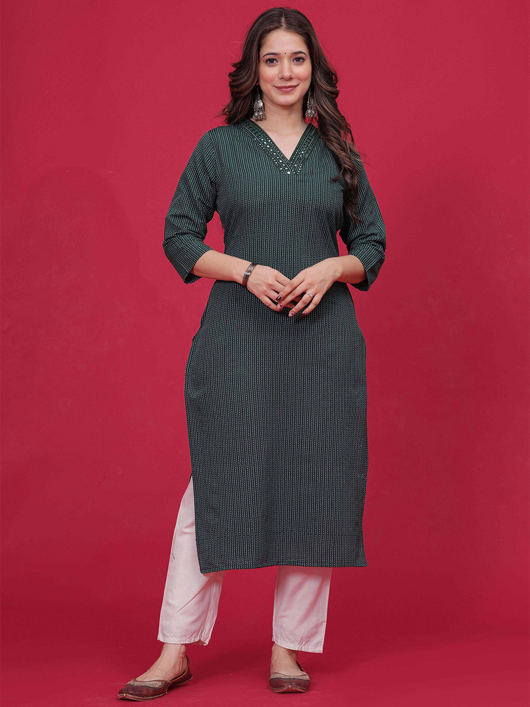 

DIZON Embroidered Mirror Work Cotton Straight Kurta, Green