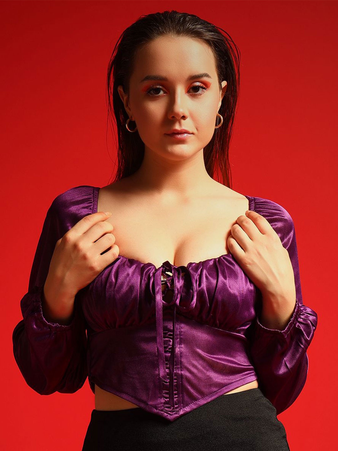 

TANDUL Sweetheart Neck Puff Sleeve Crop Top, Purple