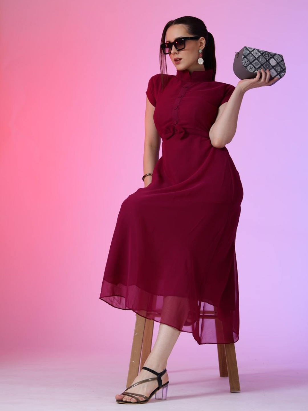 

Krunal Raiyani Women Mock Neck A-Line Casual Midi Dress, Magenta