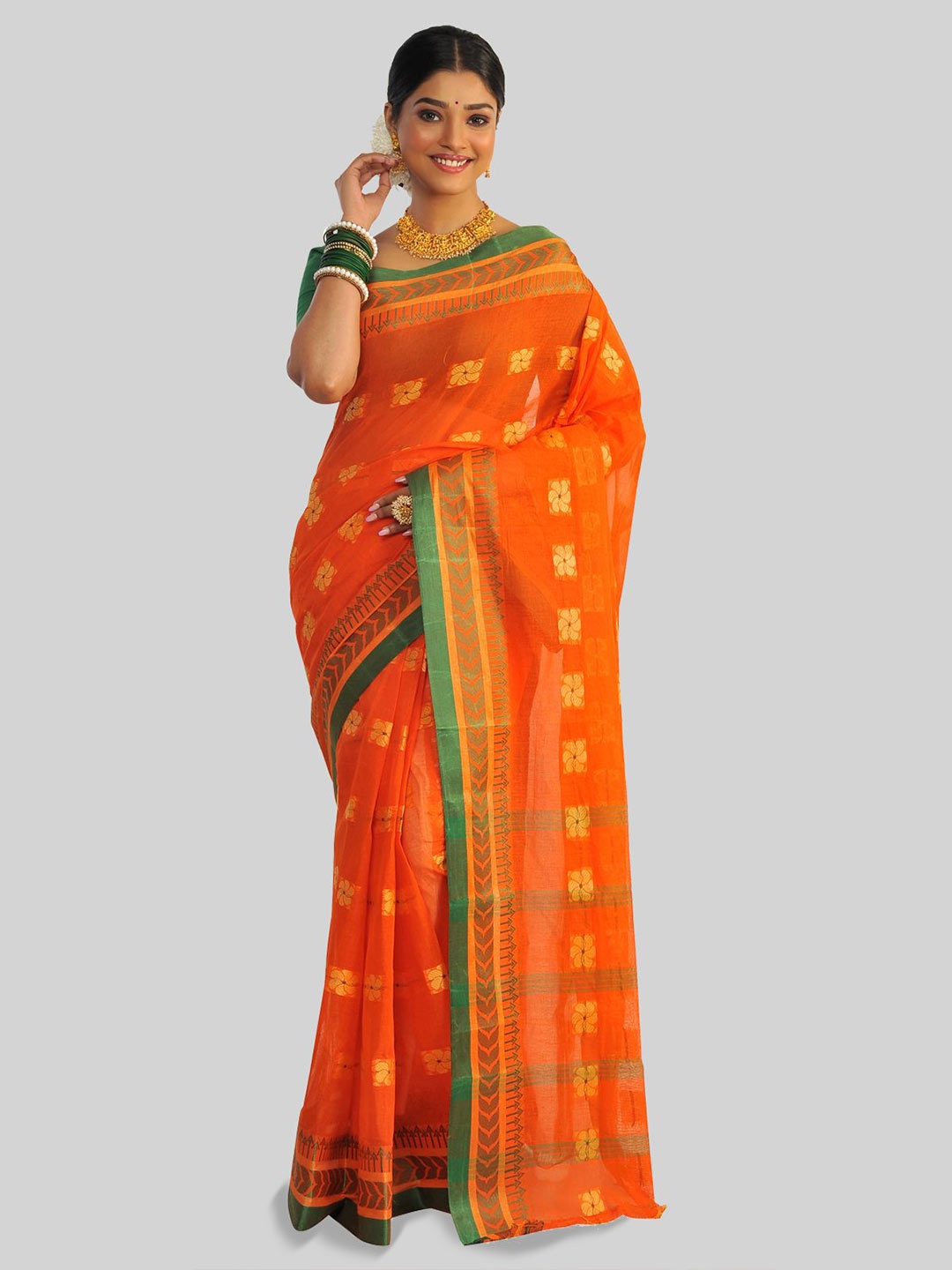 

RAJ SAREE HOUSE Woven Design Pure Cotton Taant Saree, Orange
