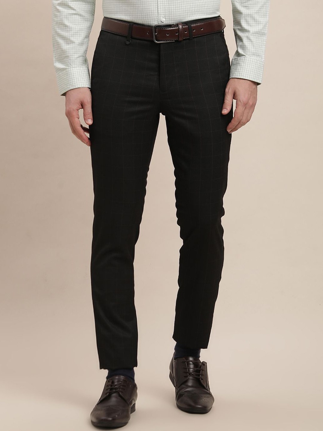 

Turtle Men Checked Tailored Skinny Fit Formal Trousers, Black