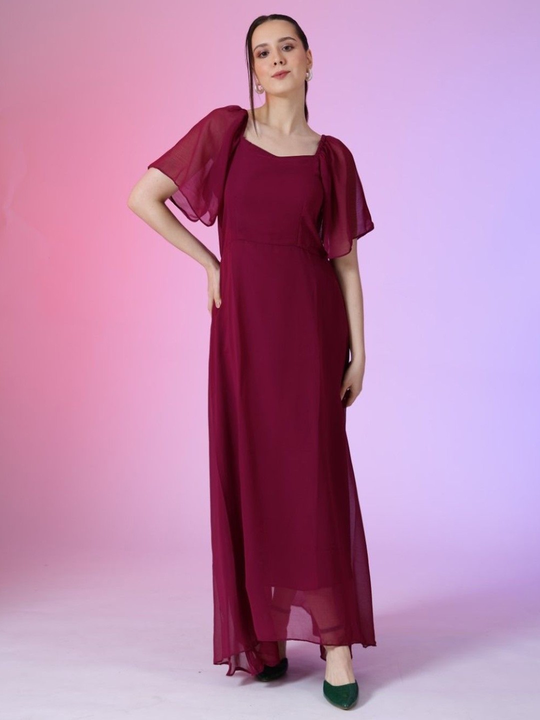 

Krunal Raiyani Women Flared Sleeves Fit & Flare Maxi Dress, Magenta