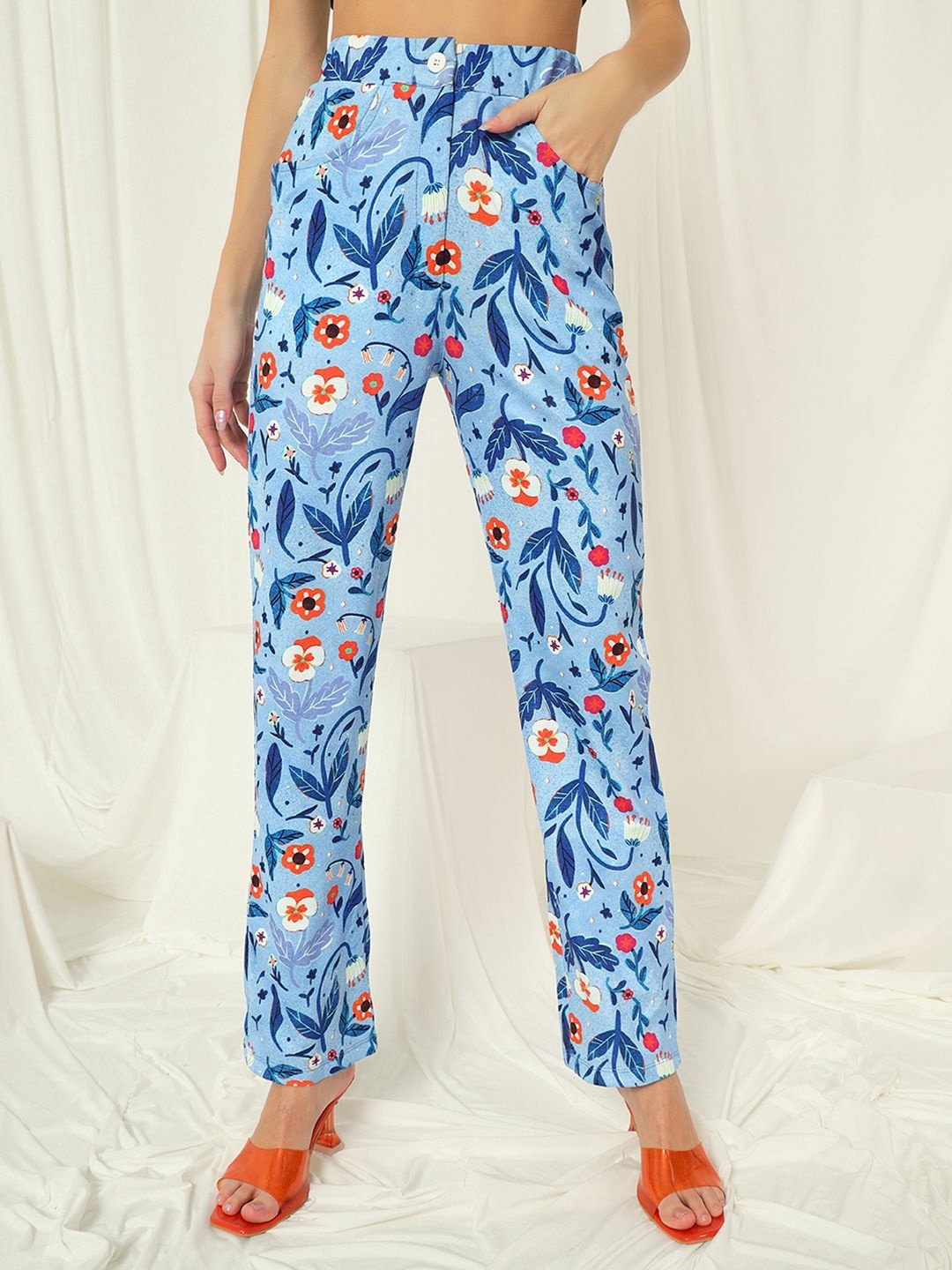 

TANDUL Women Floral Printed Original Pleated Regular Trousers, Blue