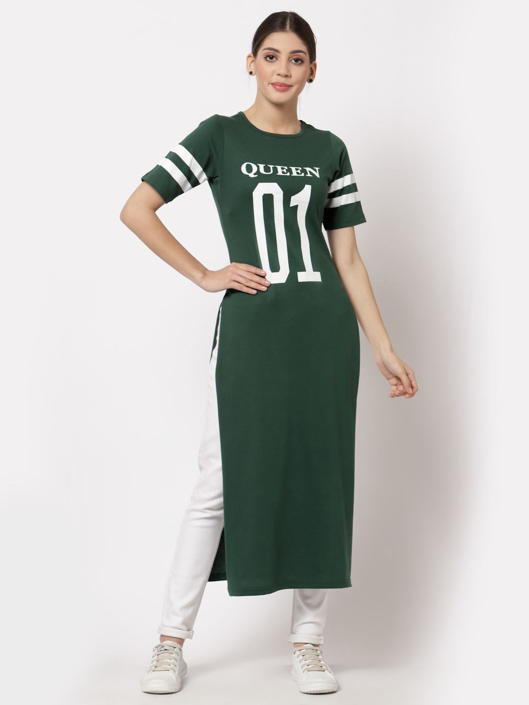 

aayu Women Printed Round Neck Longline Top, Green