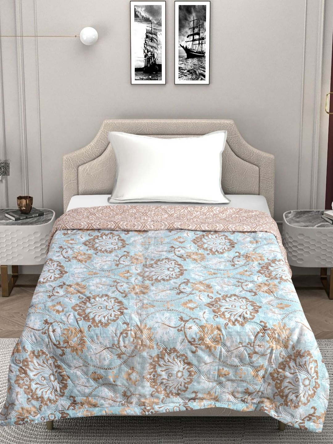 

FABINALIV Blue & Brown Floral Mild Winter 350 GSM Single Bed Comforter