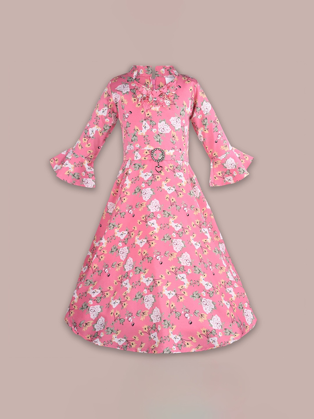 

Wish Karo Floral Print Bell Sleeve Satin Fit & Flare Dress, Pink