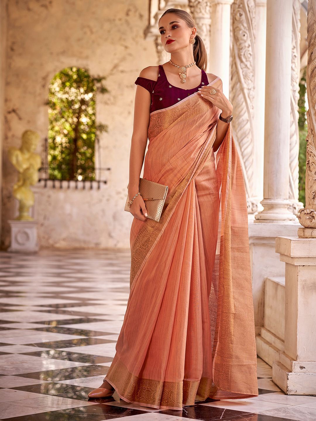 

Satrani Woven Design Zari Pure Linen Banarasi Saree, Orange