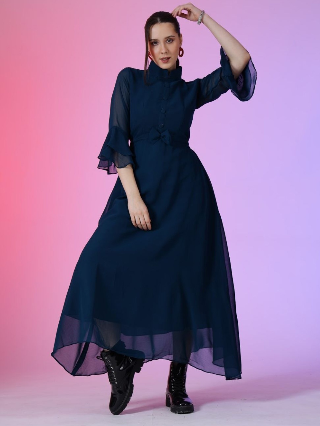 

Raiyani Enterprise Women High Neck Fit & Flare Maxi Dress, Blue