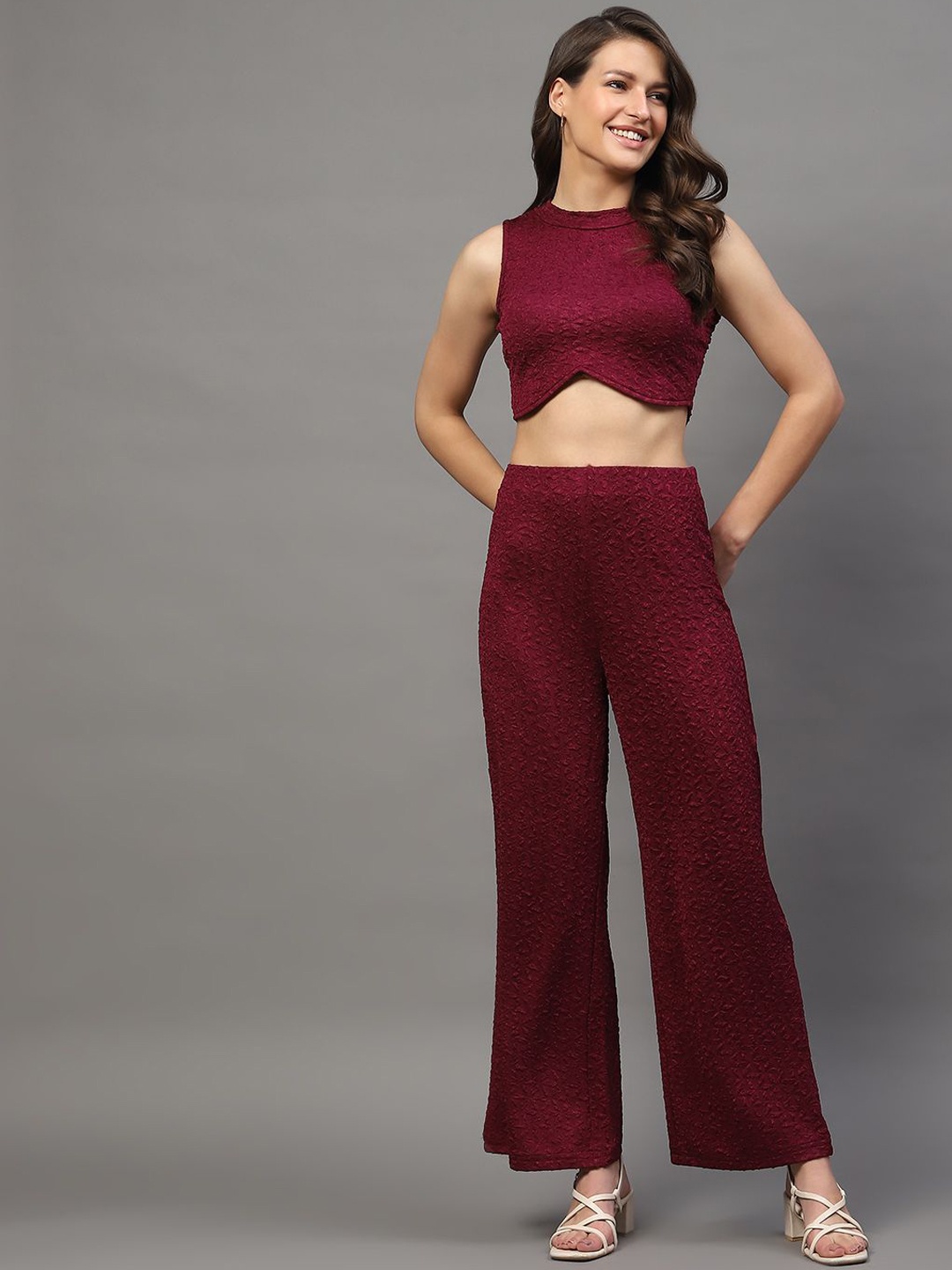 

StyleCast X SERA Self Design Round Neck Sleeveless Top With Trouser, Burgundy