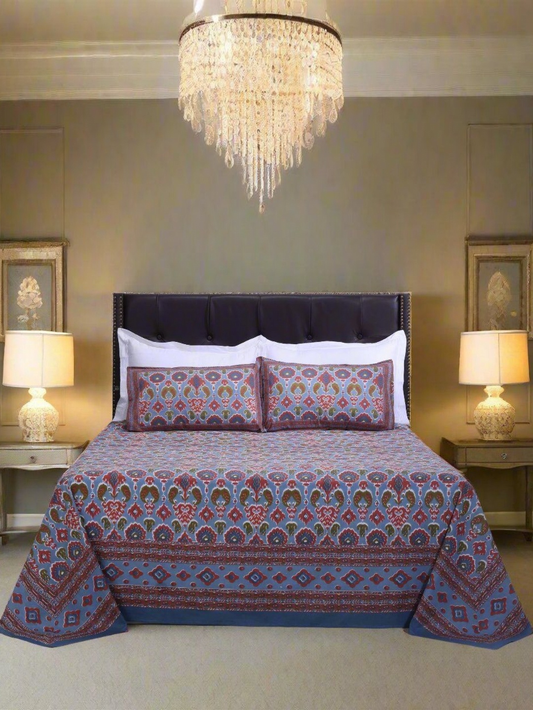 

SHAHENAZ Blue & Brown Floral Cotton 120 TC King Bedsheet with 2 Pillow Covers