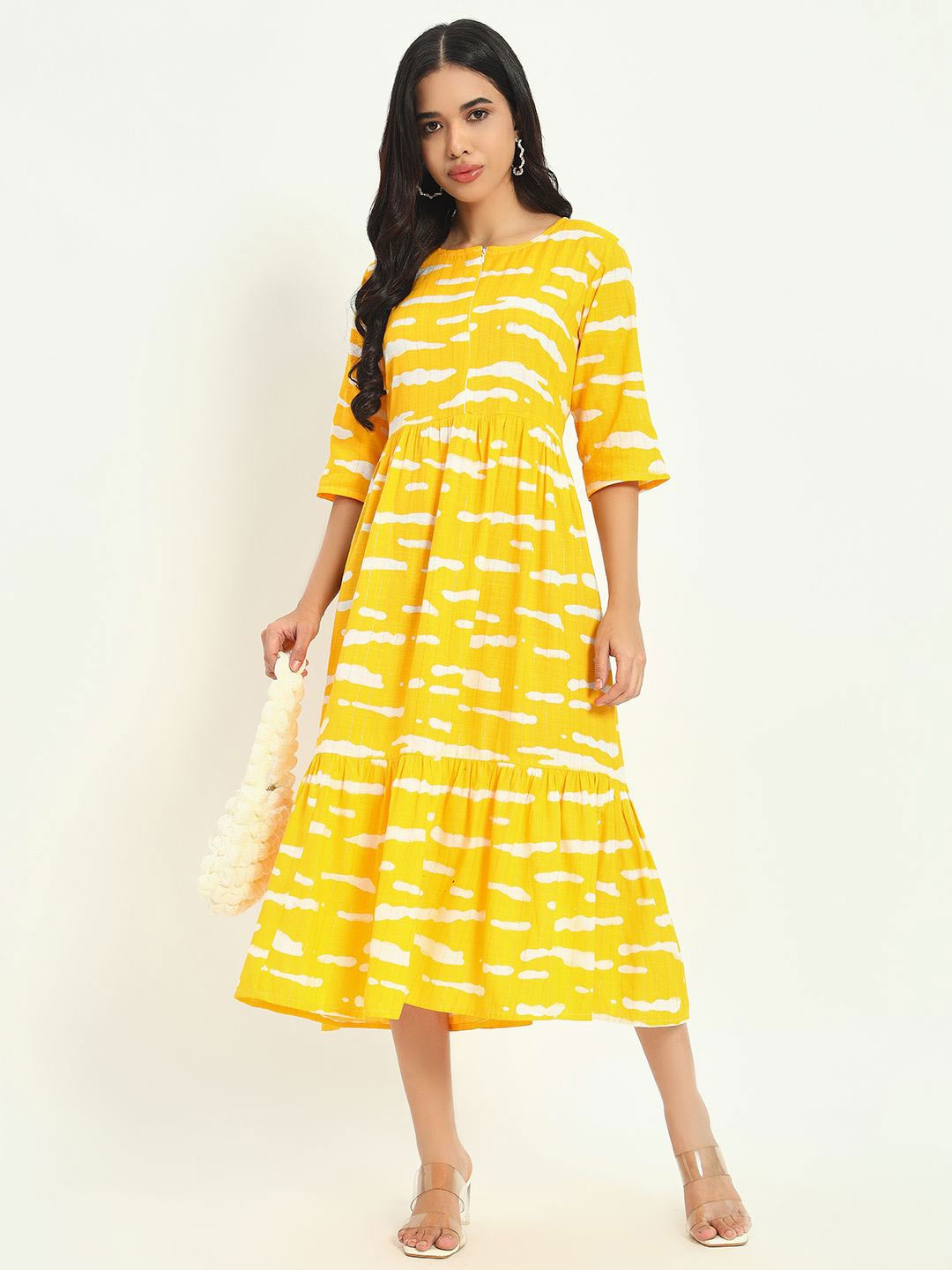 

ASHRU Printed Round Neck Flared Dress, Yellow