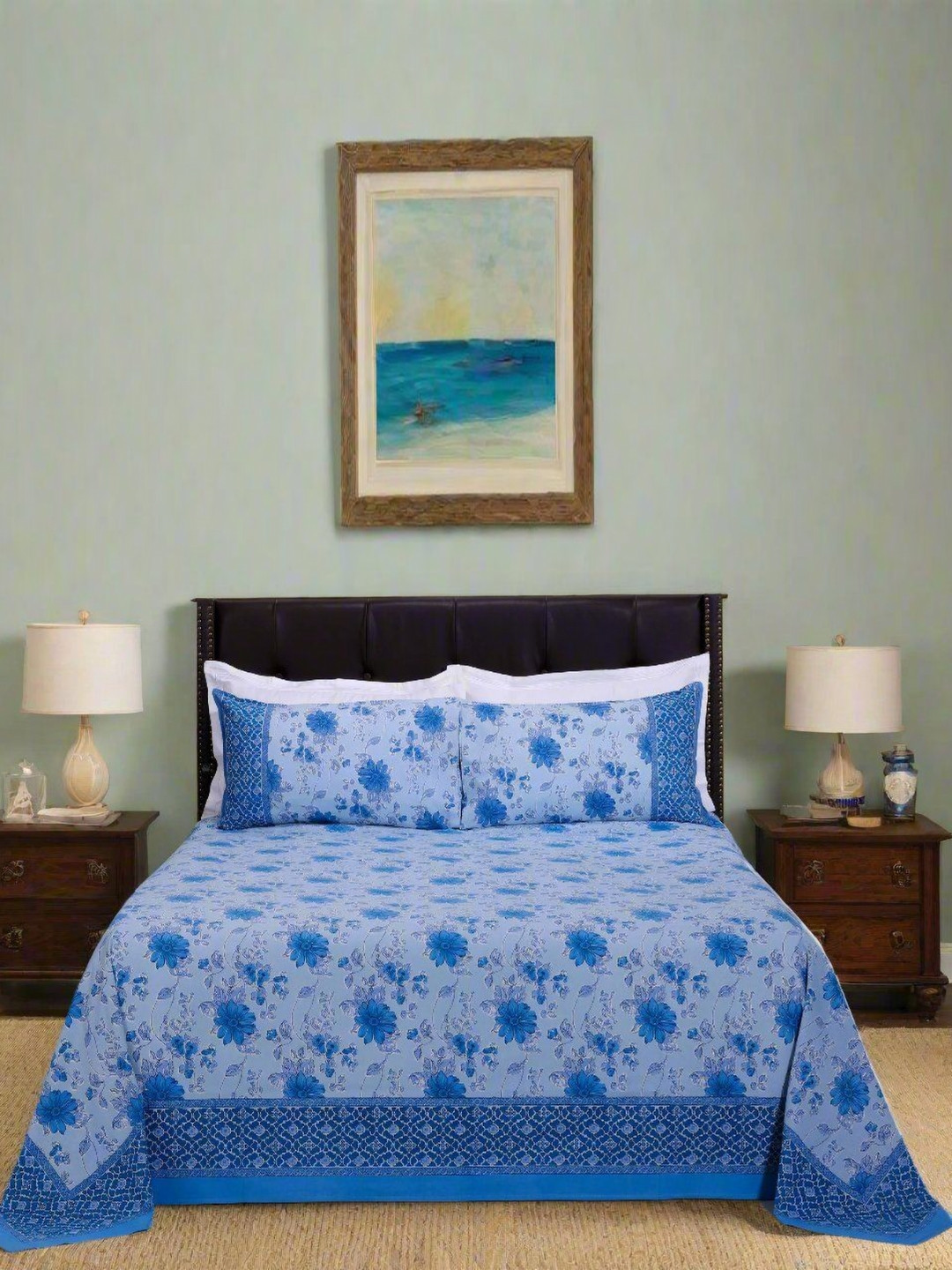 

SHAHENAZ Blue & White Floral Cotton 120 TC Super King Bedsheet Set-2.7 m X 2.7 m