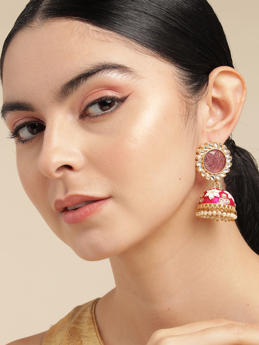 

Anouk Gold Plated Artificial Stones and Beads Meenakari Dome Shaped Jhumkas Earrings, Pink