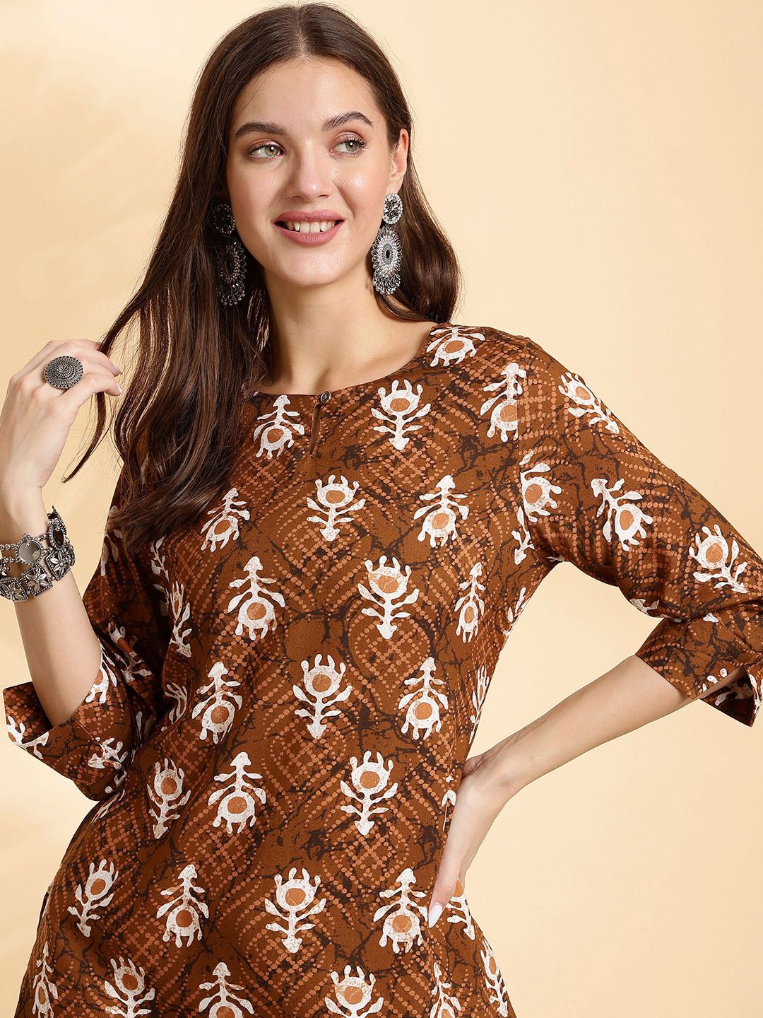 

Anouk Women Floral Printed Thread Work Kurta, Brown