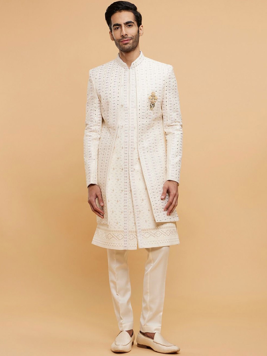 

Twamev Embroidered Mirror & Thread Work Mandarin Collar Sherwani Set, Cream