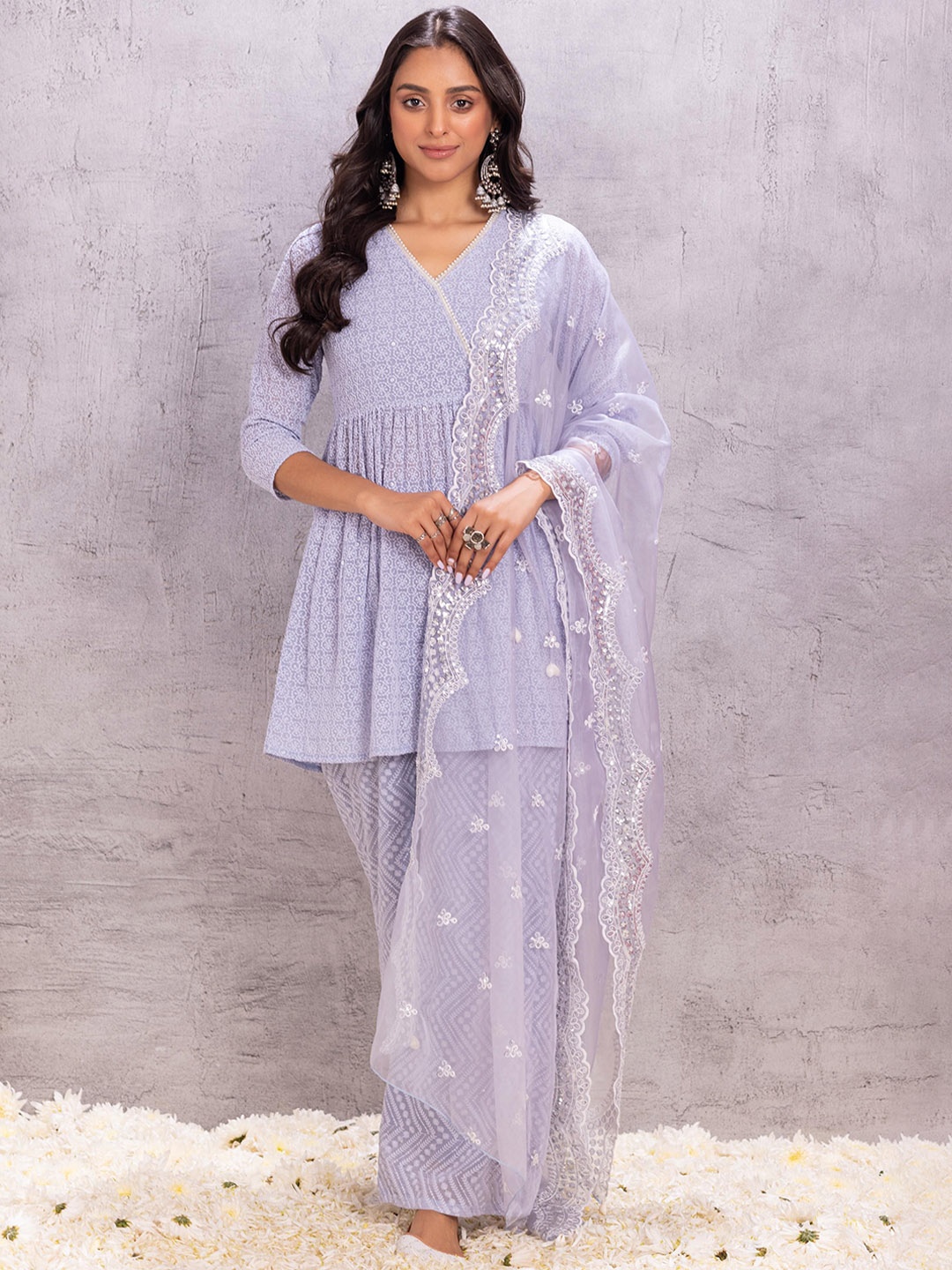 

SEW Women Floral Embroidered Regular Kurta with Trousers & With Dupatta, Grey