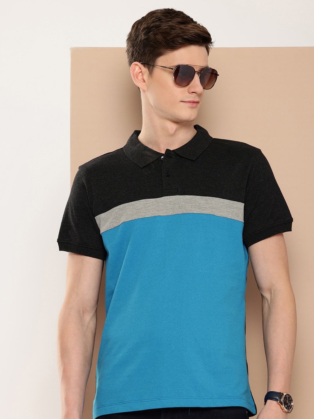 

encore by INVICTUS Colourblocked Polo Collar T-shirt, Black
