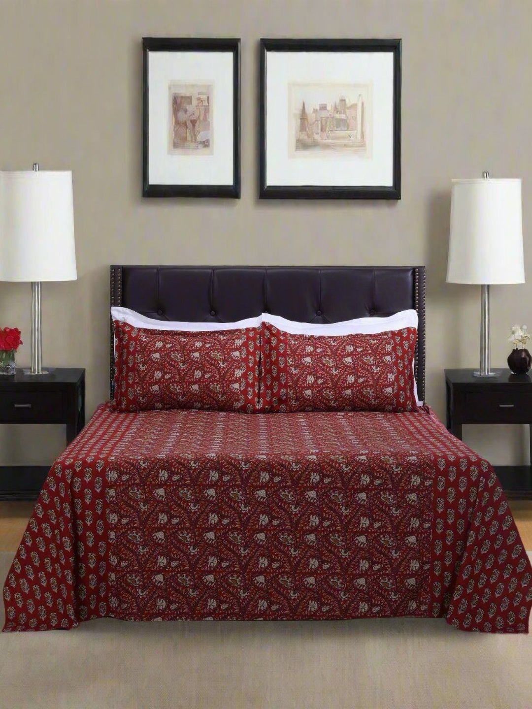 

SHAHENAZ Red & Beige Floral Cotton 120 TC Queen Bedsheet Set-2.7 m X 2.25 m