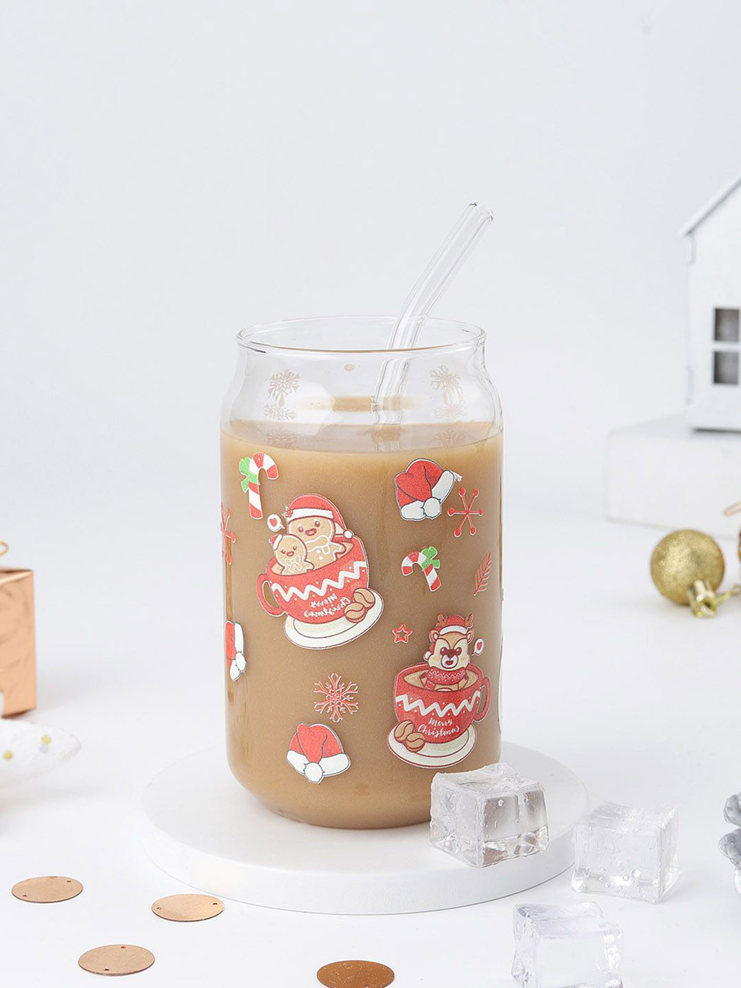 

IGP Transparent & Red Christmas Printed Glass with Straw - 500 ml