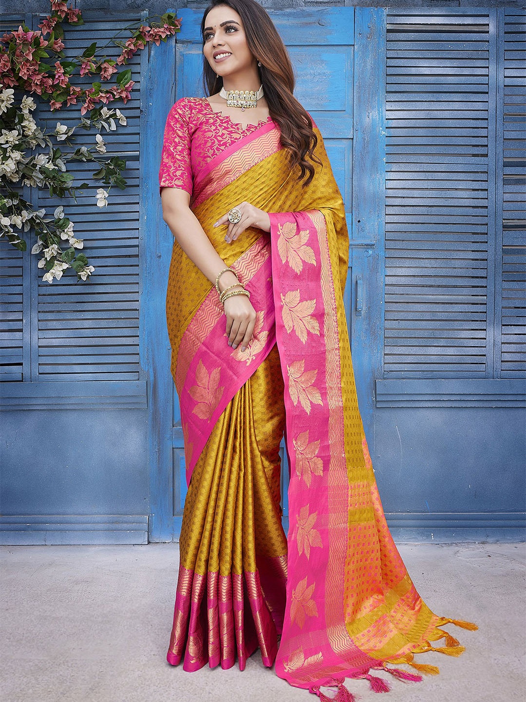 

Aldwych Woven Design Zari Silk Blend Chanderi Saree, Mustard