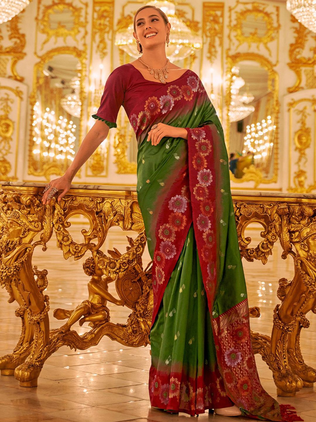 

Satrani Woven Design Zari Pure Silk Banarasi Saree, Green