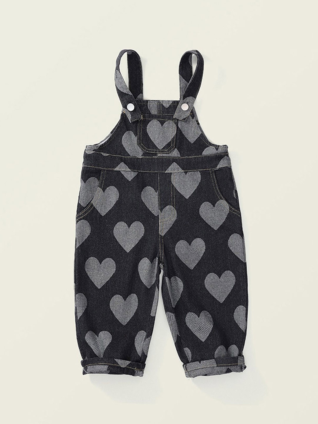 

LULU & SKY Girls Printed Heart Motif Dungaree, Black