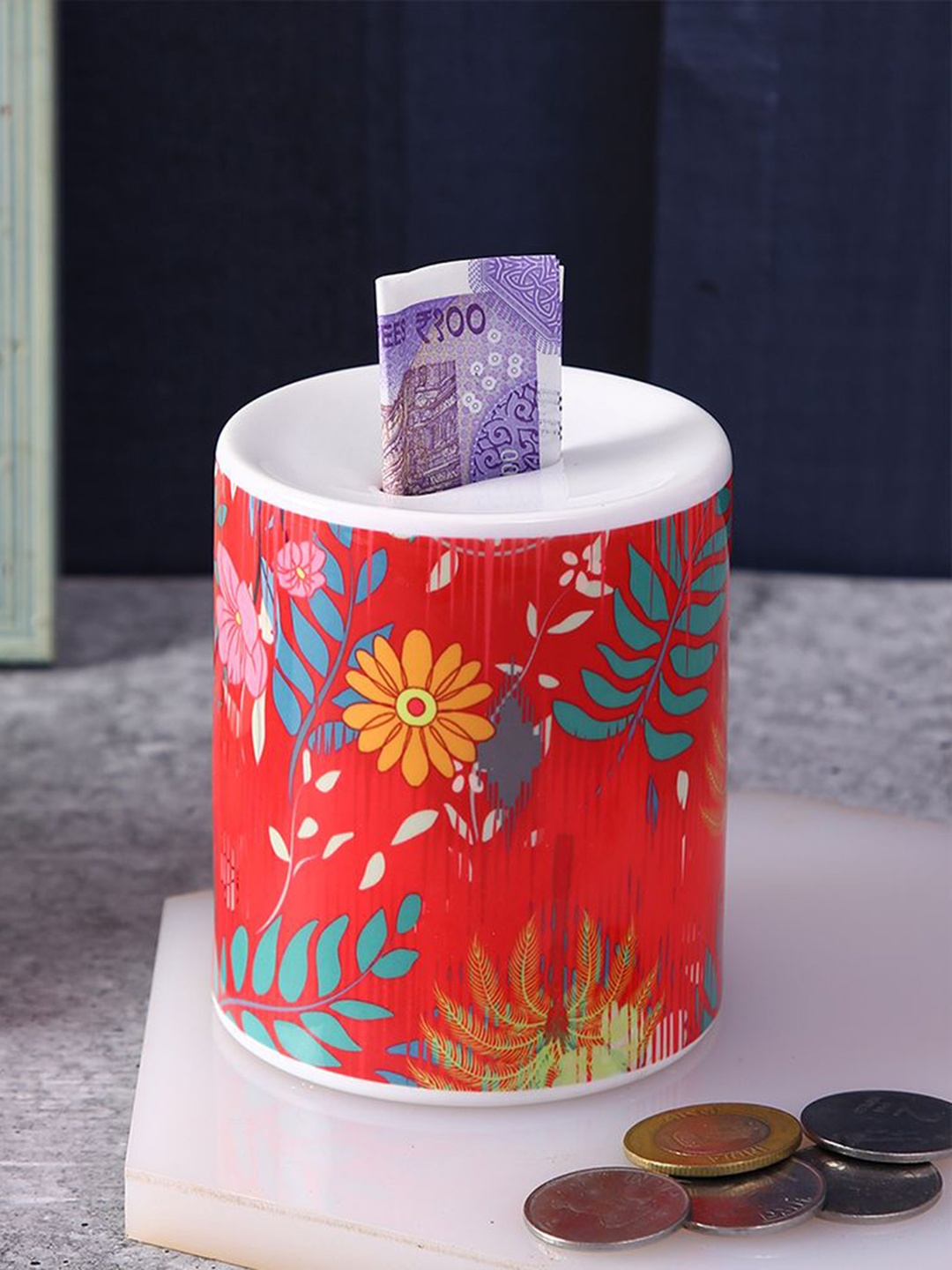 

PENTADECO Red & Blue Floral Printed Reusable Piggy Bank