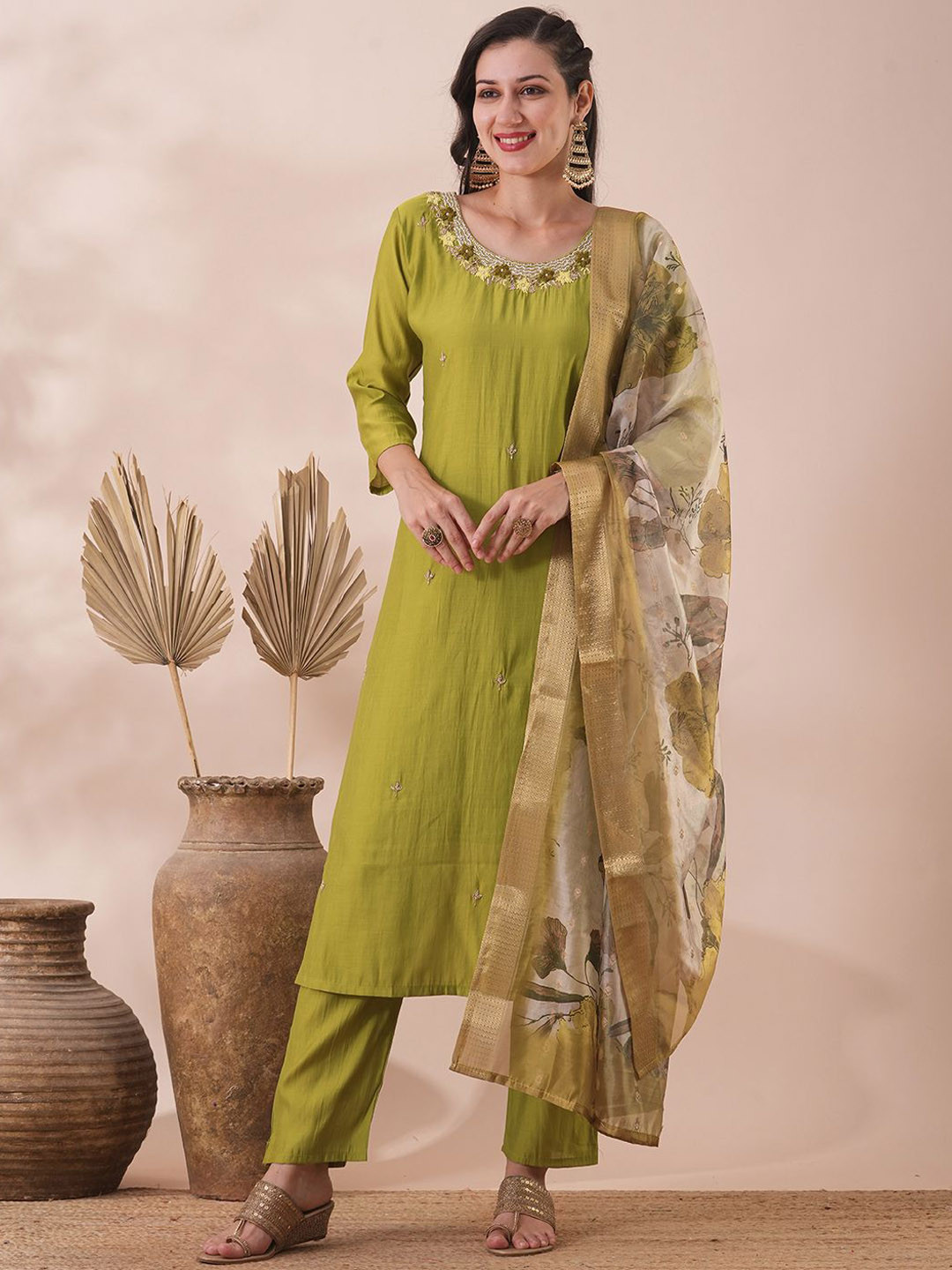 

FASHOR Women Embroidered Regular Zardozi Kurta with Trousers & With Dupatta, Lime green