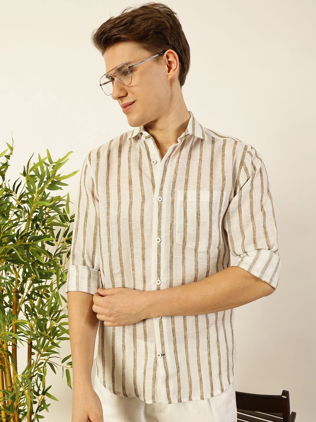 

Mast & Harbour Men Premium Opaque Striped Casual Shirt, Khaki
