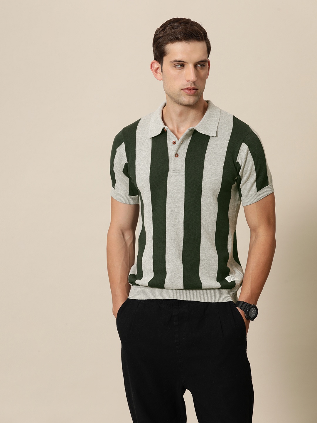 

Mr Bowerbird Tailored Fit Striped Polo Collar Pure Cotton T-shirt, Green