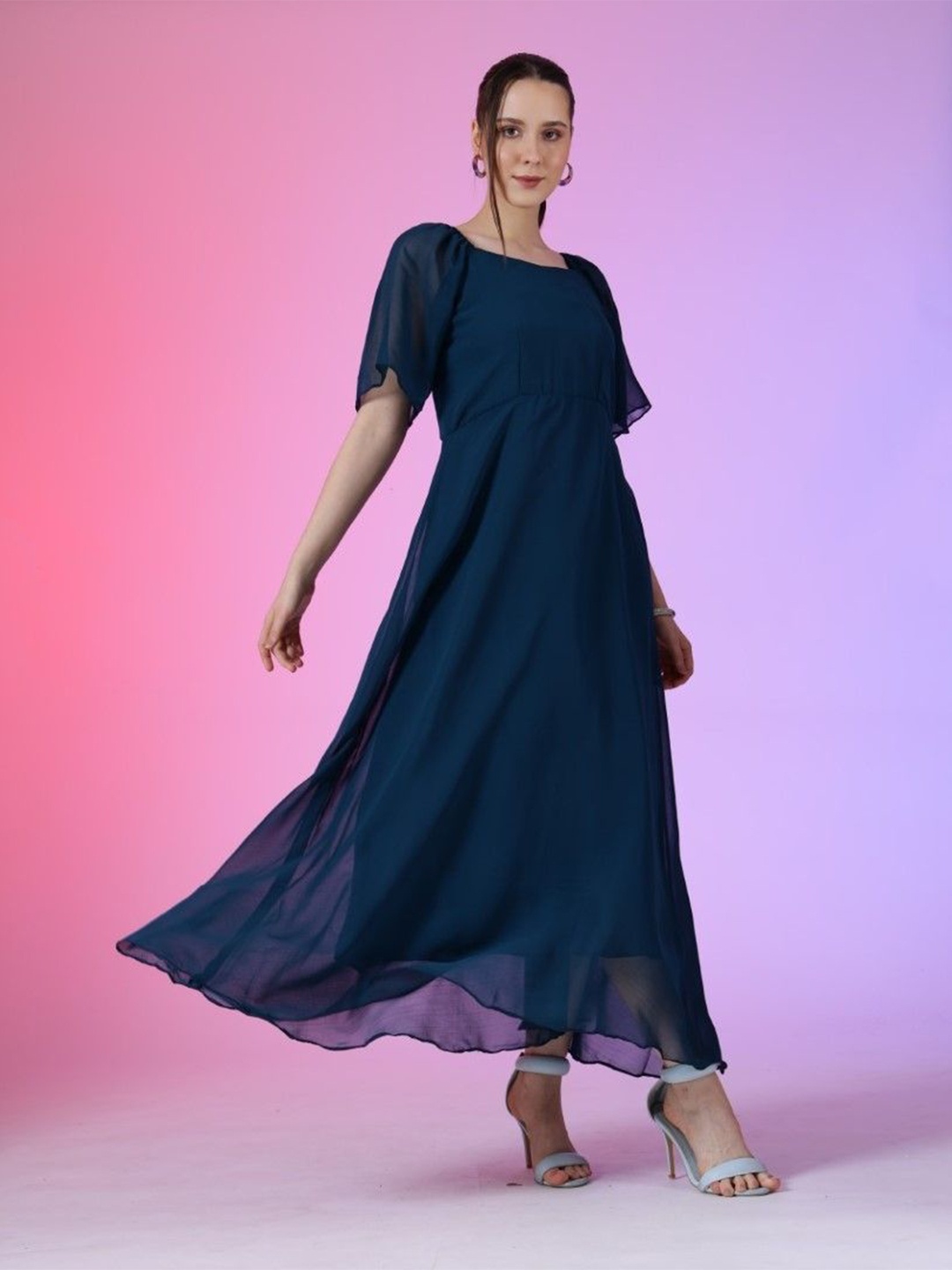 

Femvy Women Bell Sleeve Georgette Fit & Flare Maxi Dress, Blue