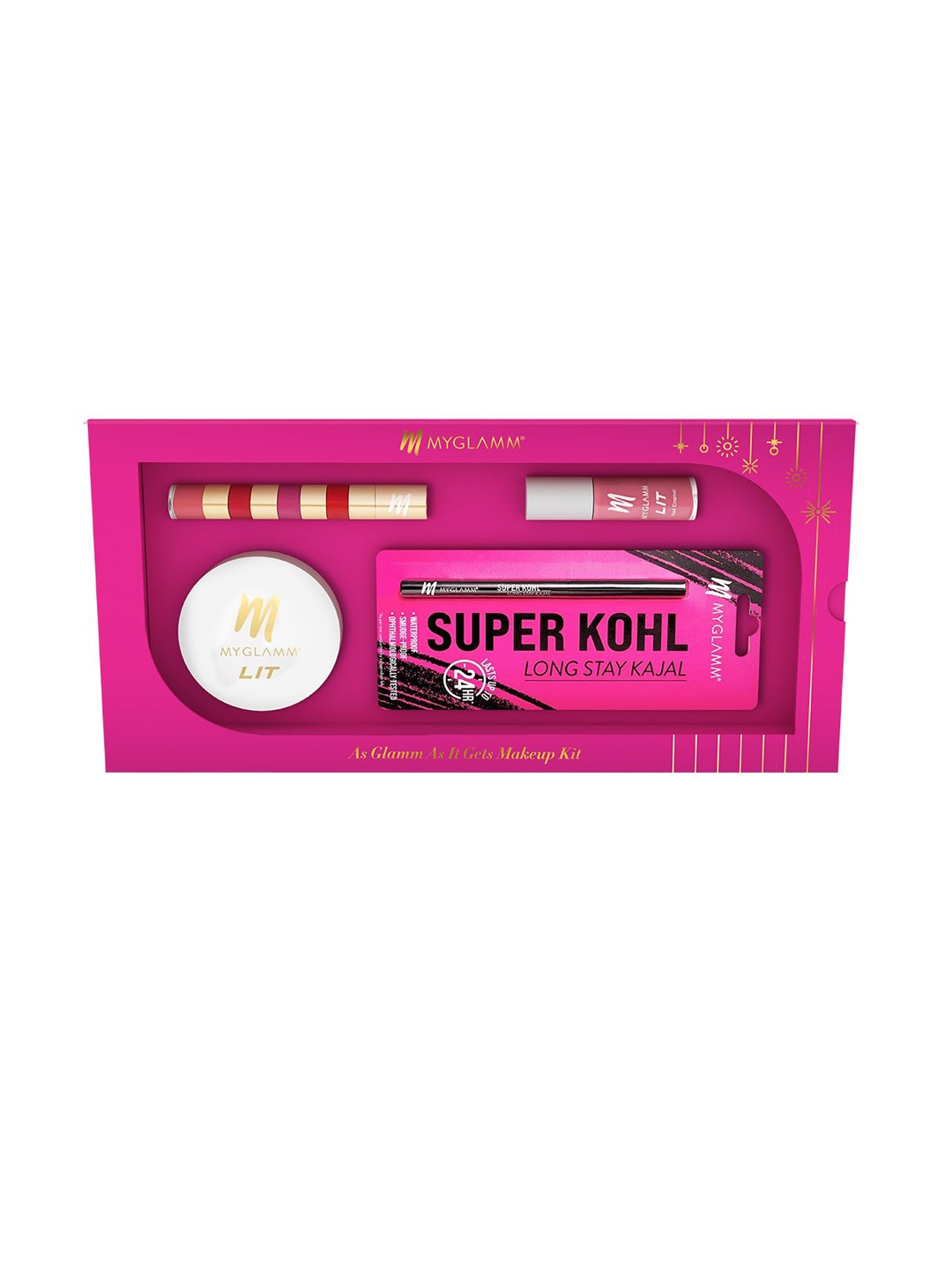 

MyGlamm Set Of 4 Long Stay Kajal, LIT Nail Enamel, Compact Powder & Lipstick Stack, Pink