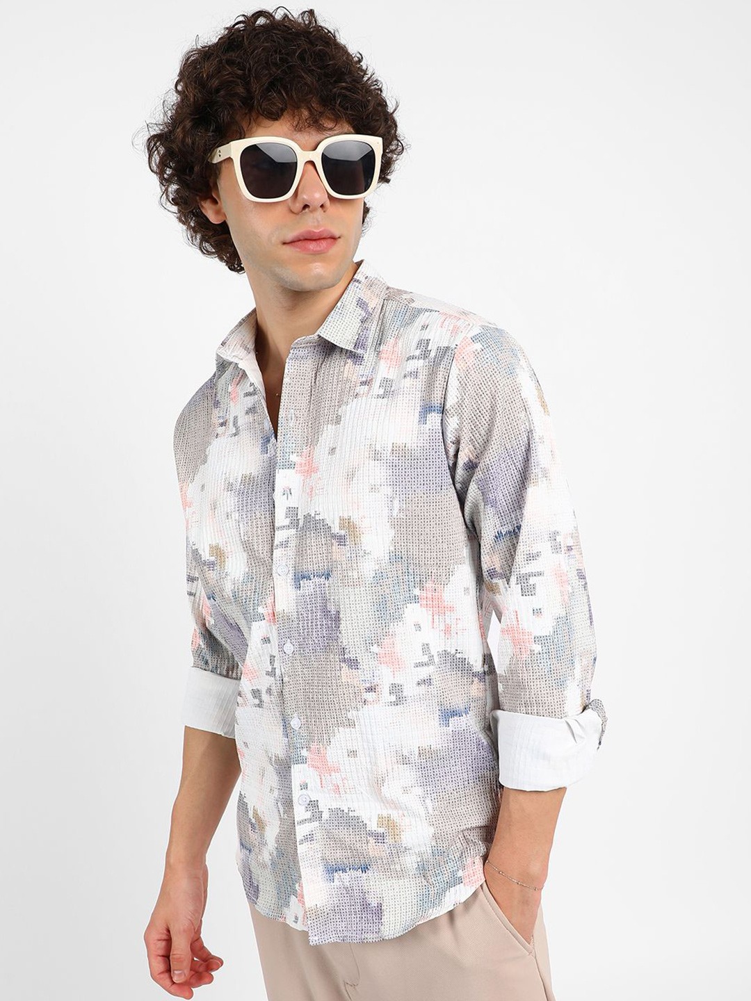

Campus Sutra Men Comfort Spread Collar Abstract Printed Casual Shirt, Green