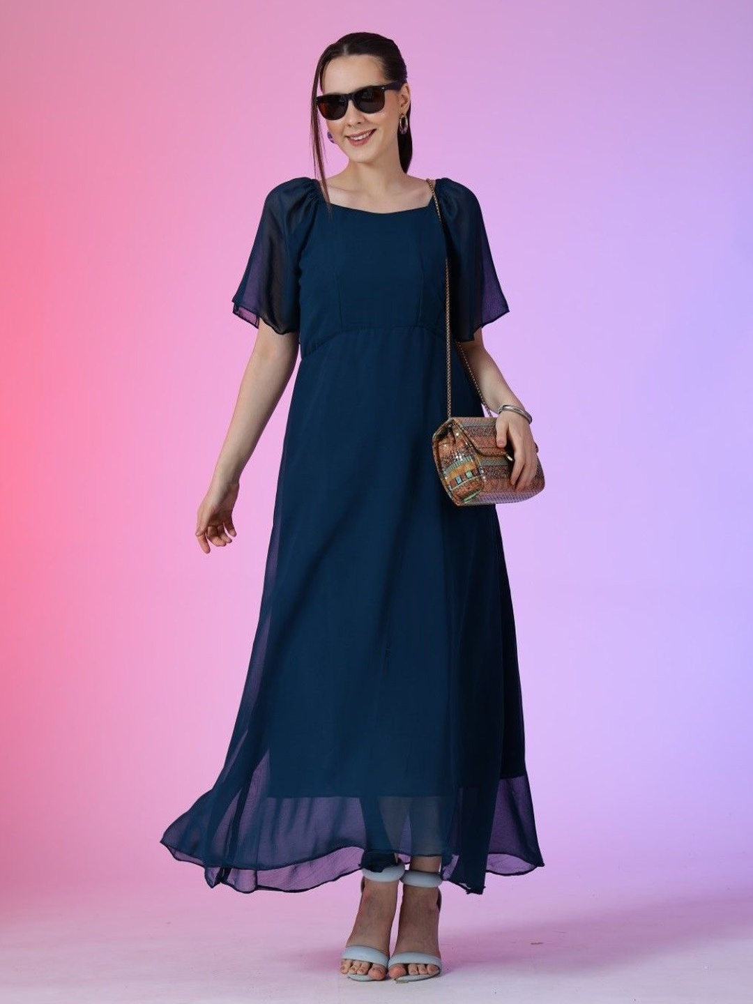 

Krunal Raiyani Women Bell Sleeve Fit & Flare Maxi Dress, Blue