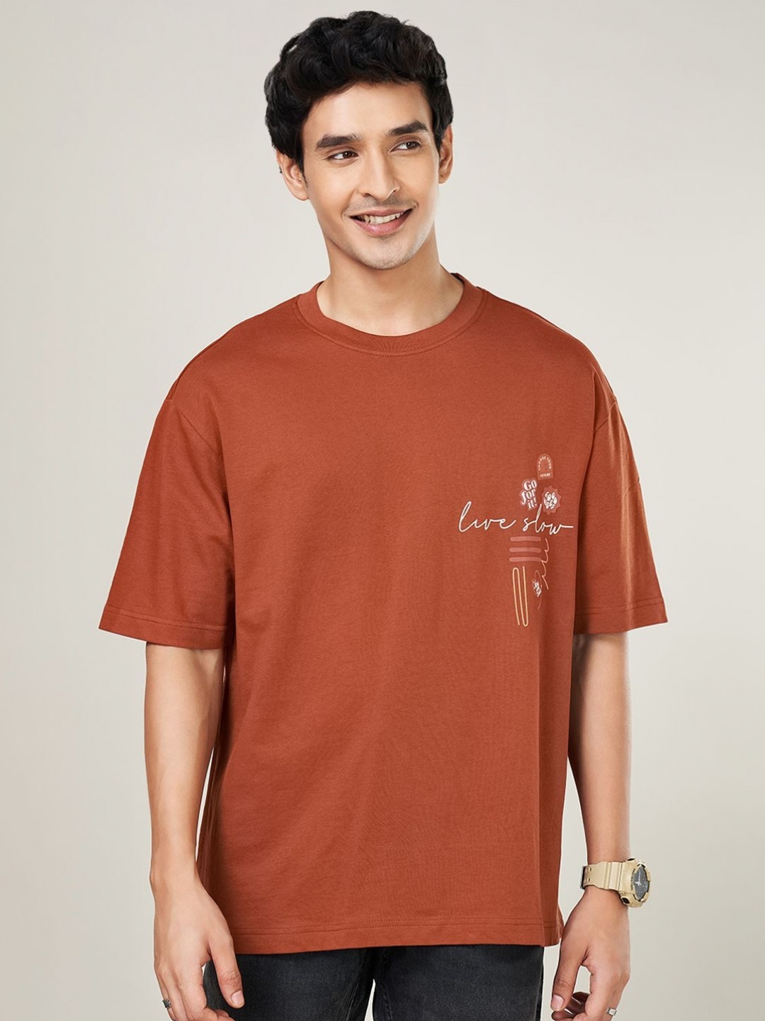 

People Men Typography Applique Boxy T-shirt, Brown