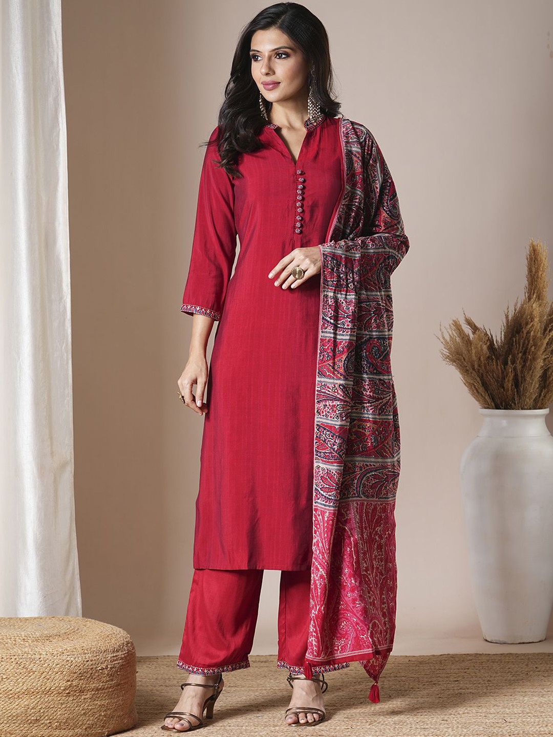 

FASHOR Women Embroidered Regular Kurta with Trousers & With Dupatta, Red