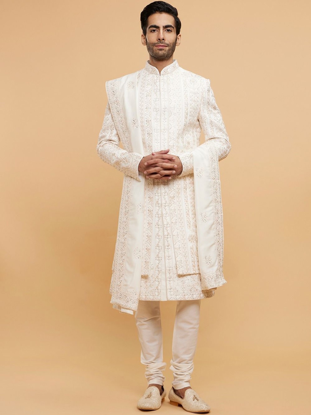 

Twamev Embroidered Stone Work & Thread Work Mandarin Collar Velvet Sherwani Set, White