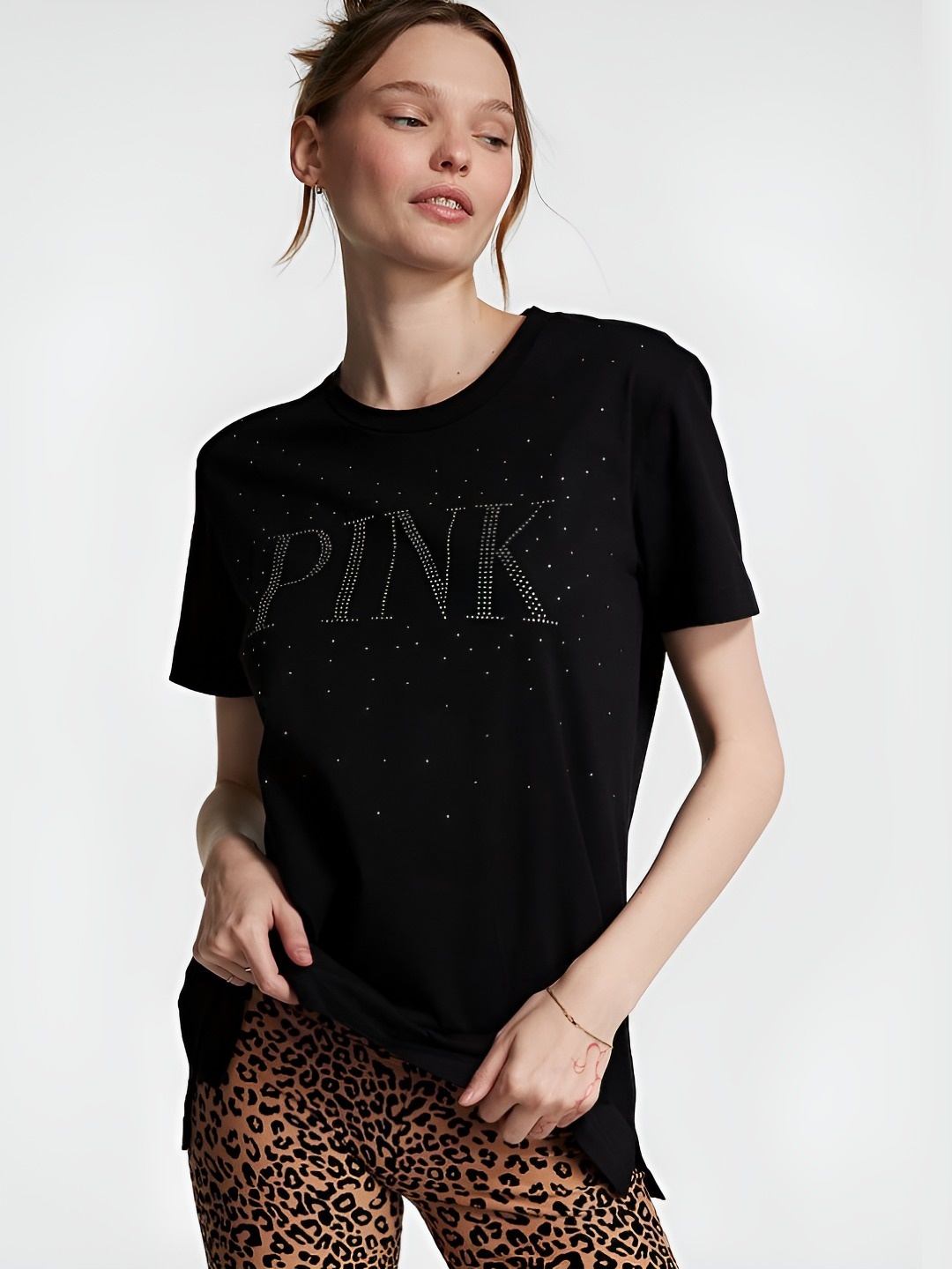 

Victoria's Secret Women Typography Printed Round Neck Cotton T-shirt, Black