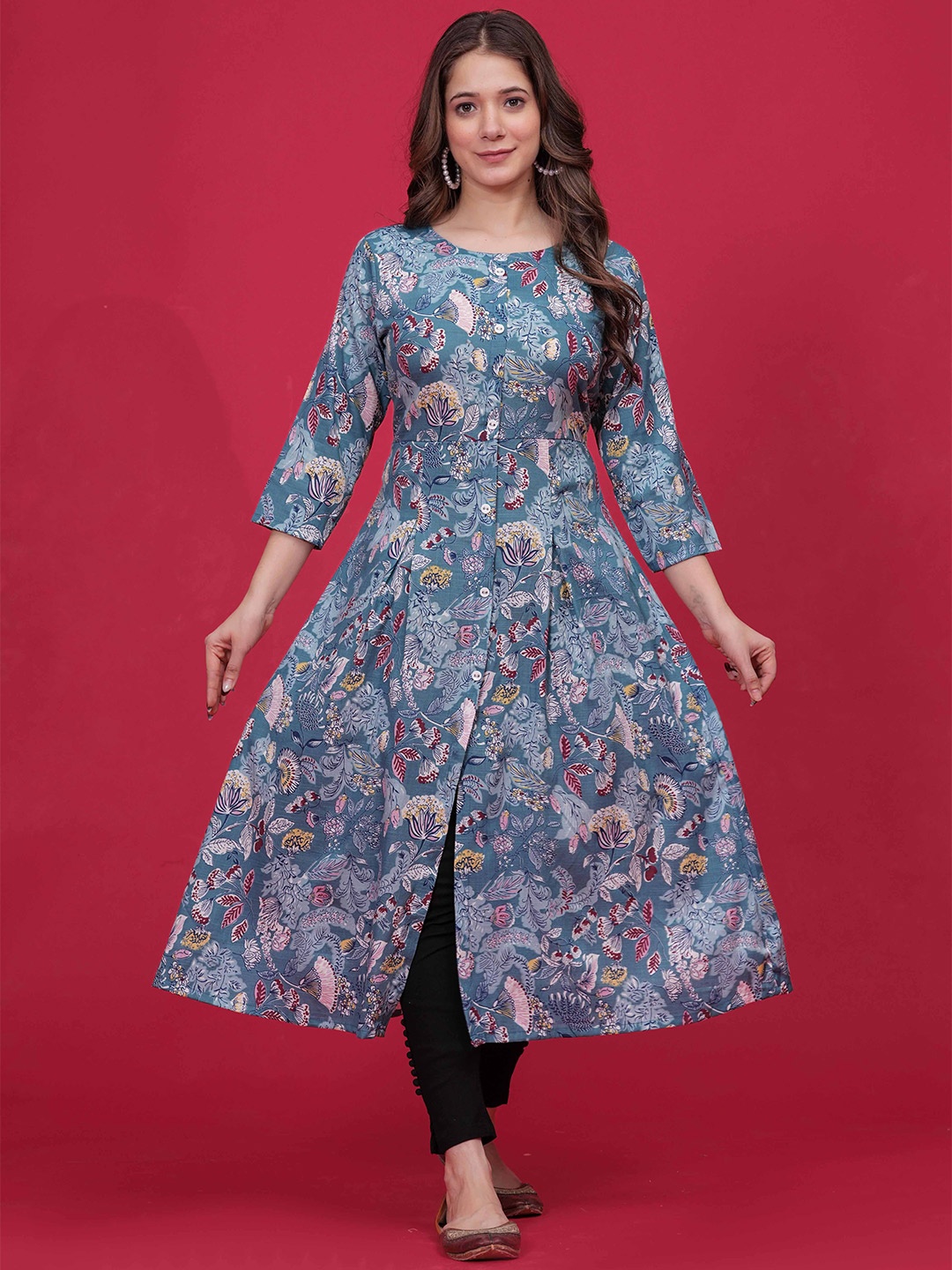 

DIZON Floral Printed Cotton A-Line Kurta, Blue