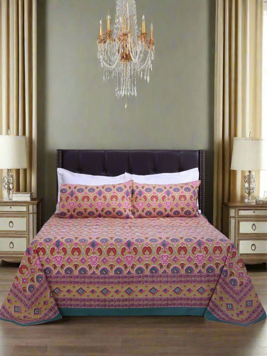 

SHAHENAZ Green & Brown Floral 120 TC King Bedsheet with 2 Pillow Covers