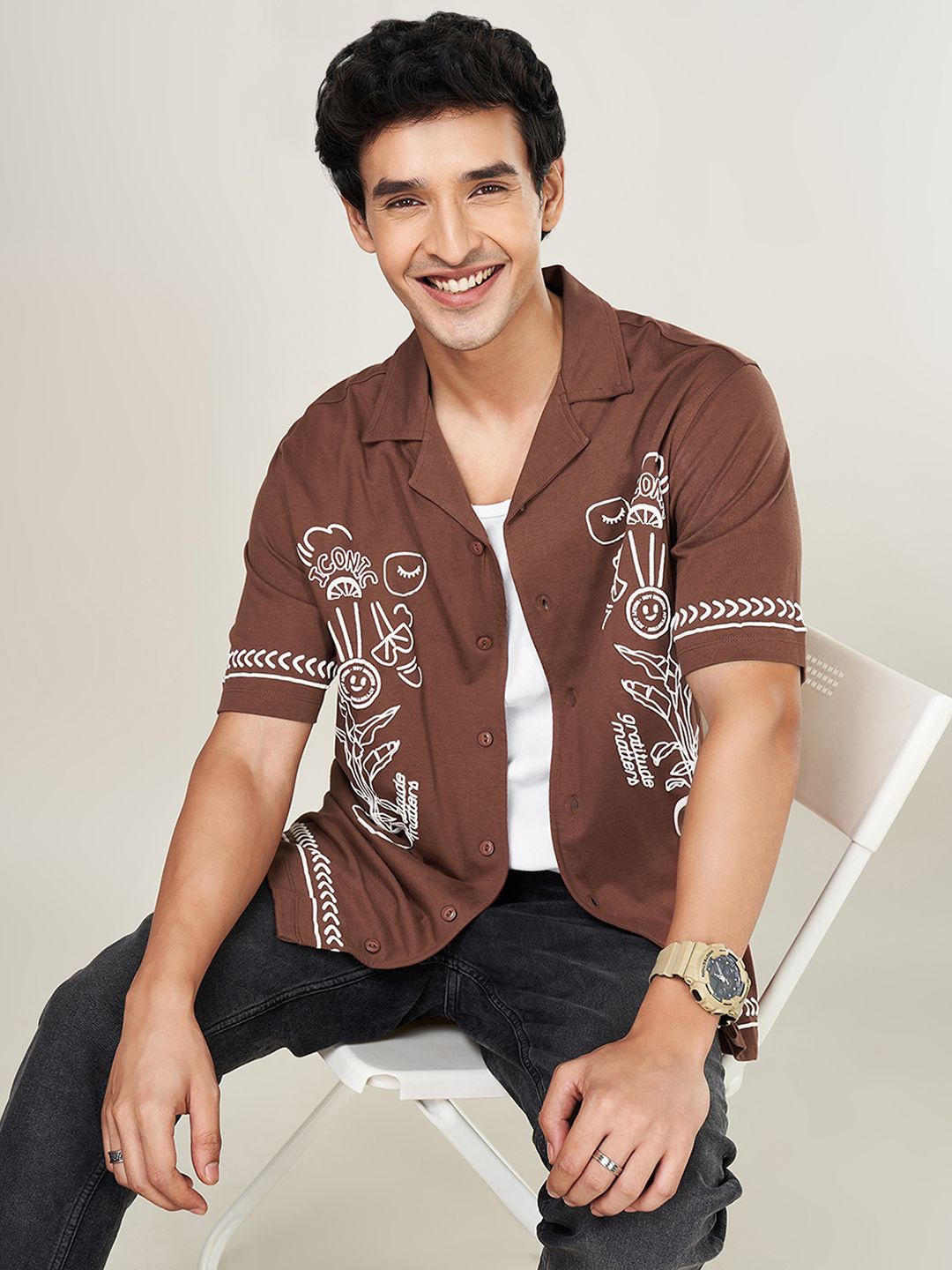 

People Men Opaque Printed Party Shirt, Brown