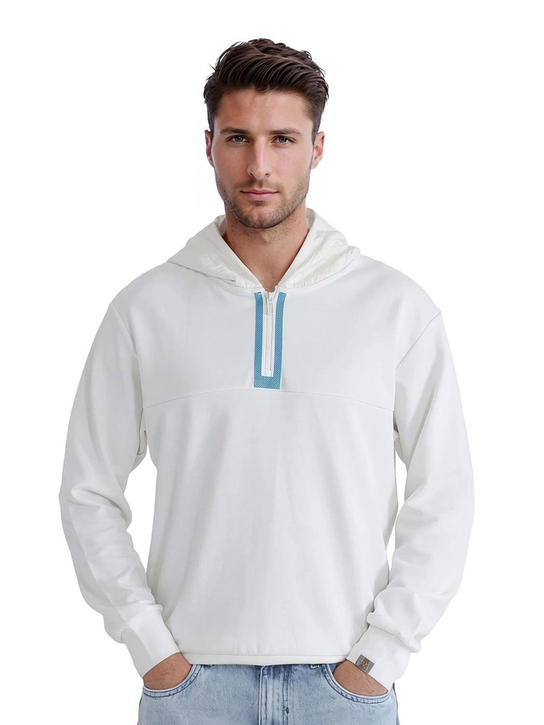 

RARE RABBIT Men Hooded Pullover Cotton Sweatshirt, Off white