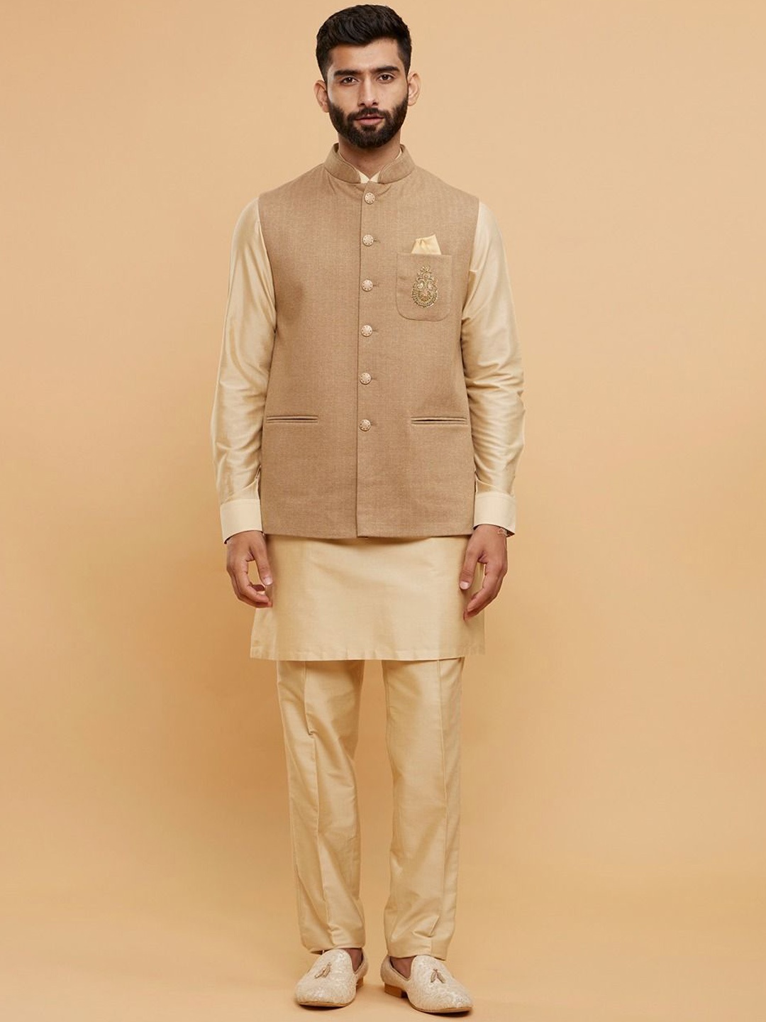 

Twamev Mandarin Collar Long Sleeves Regular Straight Kurta With Trouser With Nehru Jacket, Beige